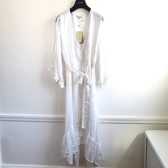 New Melissa Odabash Pearl White Look 9 Gold Striped Faux Wrap Midi Dress NWT - Picture 5 of 12